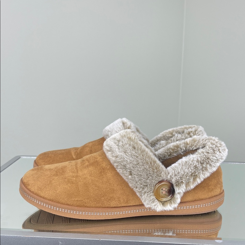 Skechers Cozy Faux Fur Trim Slipper Shoes Brown Suede Slip-On Ladies Size 8